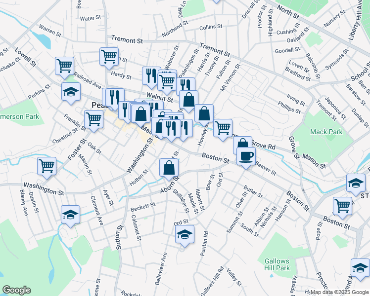 map of restaurants, bars, coffee shops, grocery stores, and more near 174 Main Street in Peabody