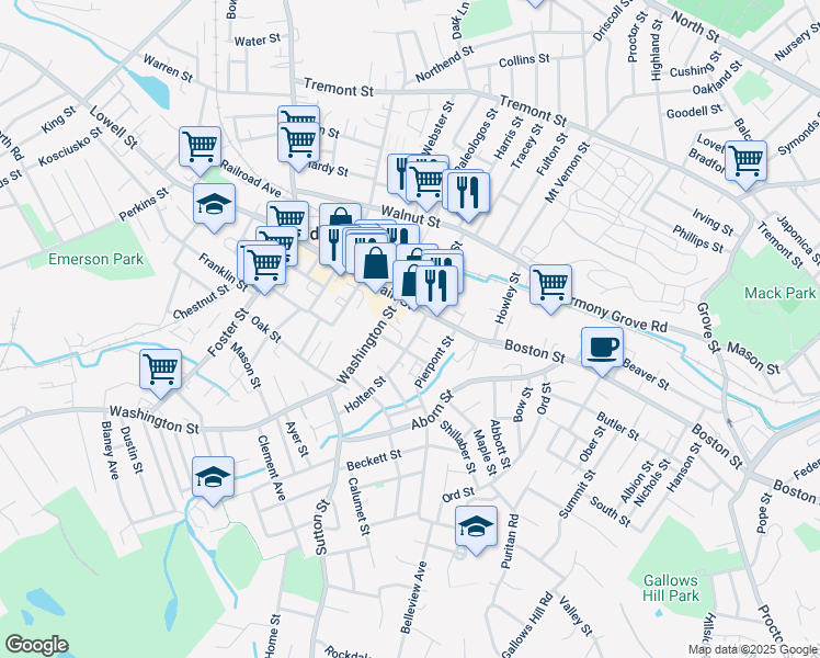 map of restaurants, bars, coffee shops, grocery stores, and more near 111 Main Street in Peabody