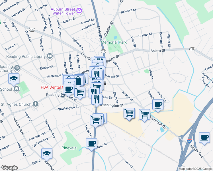 map of restaurants, bars, coffee shops, grocery stores, and more near 17 Parker Street in Reading
