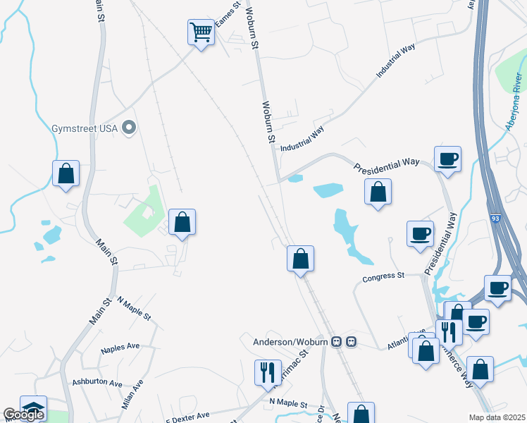 map of restaurants, bars, coffee shops, grocery stores, and more near 324 New Boston Street in Woburn