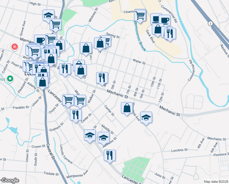 map of restaurants, bars, coffee shops, grocery stores, and more near 218 Mechanic Street in Leominster