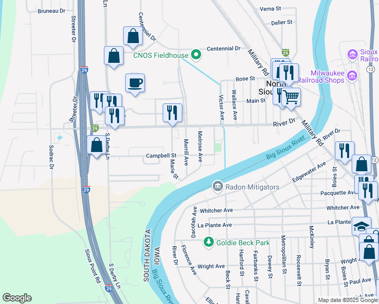map of restaurants, bars, coffee shops, grocery stores, and more near 120 Merrill Avenue in North Sioux City