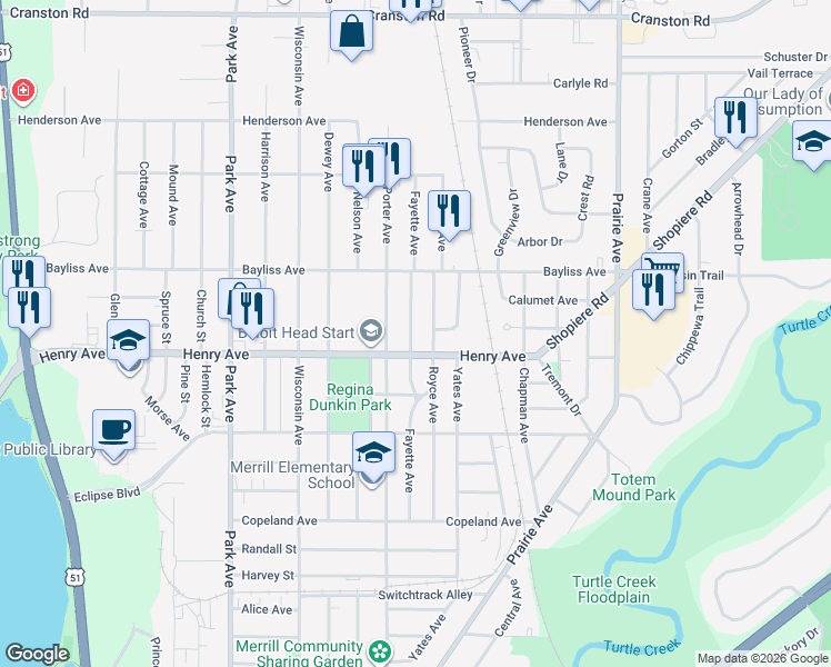map of restaurants, bars, coffee shops, grocery stores, and more near 1830 Royce Avenue in Beloit