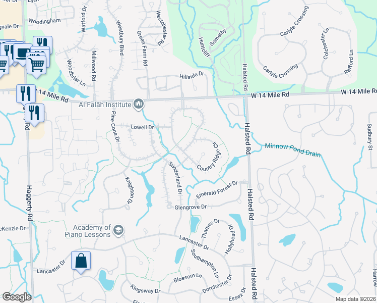 map of restaurants, bars, coffee shops, grocery stores, and more near 30932 Country Ridge Circle in Farmington Hills