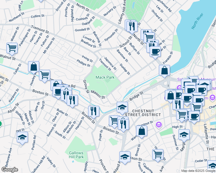 map of restaurants, bars, coffee shops, grocery stores, and more near 31 Grove Street in Salem
