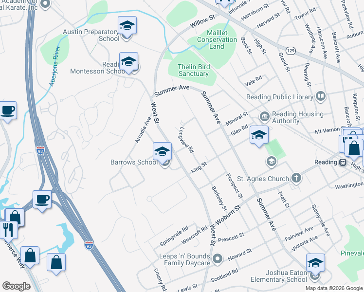 map of restaurants, bars, coffee shops, grocery stores, and more near 41 Longview Road in Reading