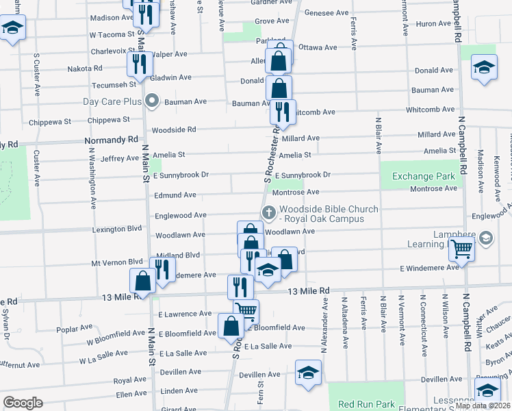 map of restaurants, bars, coffee shops, grocery stores, and more near 508 Edmund Avenue in Royal Oak