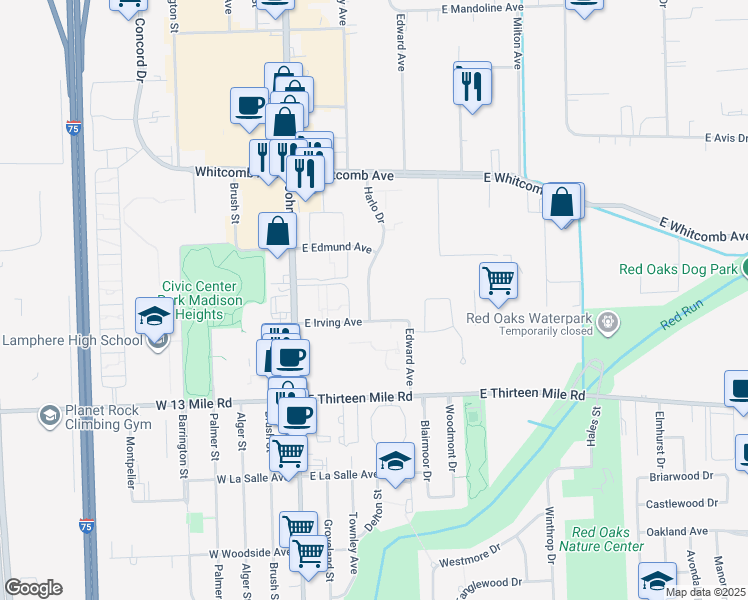 map of restaurants, bars, coffee shops, grocery stores, and more near 31335 Harlo Drive in Madison Heights
