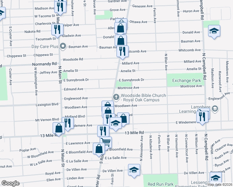 map of restaurants, bars, coffee shops, grocery stores, and more near 518 Montrose Avenue in Royal Oak