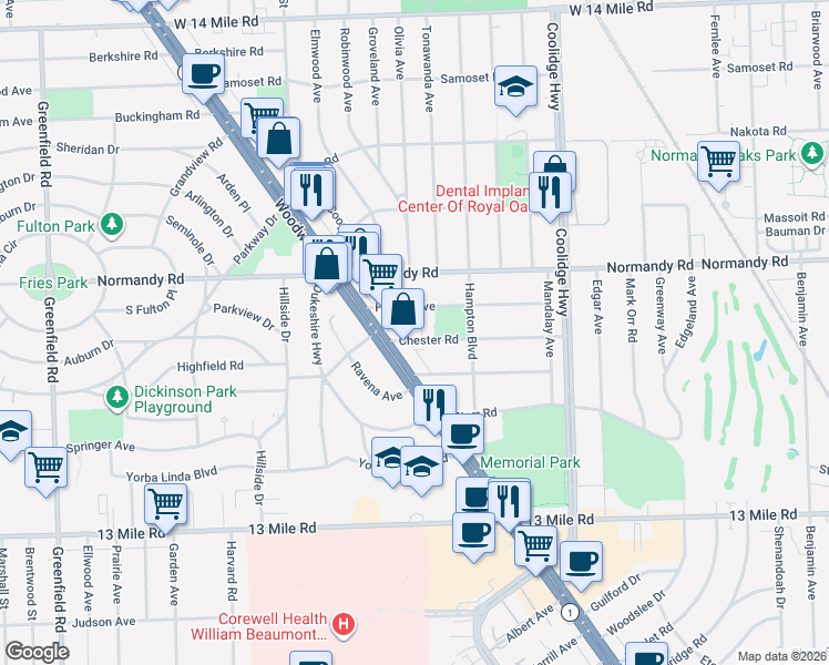 map of restaurants, bars, coffee shops, grocery stores, and more near 3622 Chester Road in Royal Oak