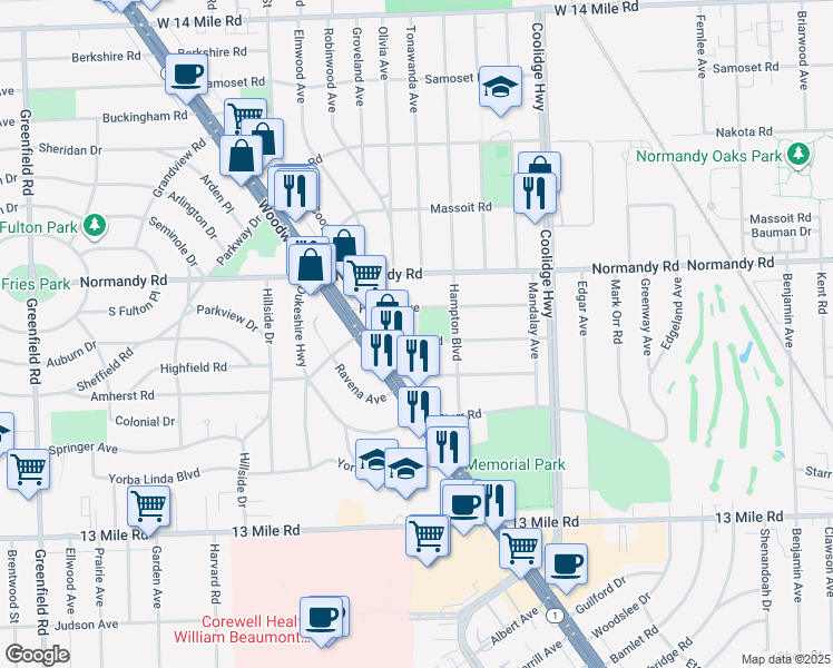 map of restaurants, bars, coffee shops, grocery stores, and more near 3606 Chester Road in Royal Oak