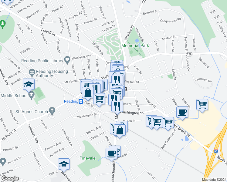 map of restaurants, bars, coffee shops, grocery stores, and more near 580 Main Street in Reading