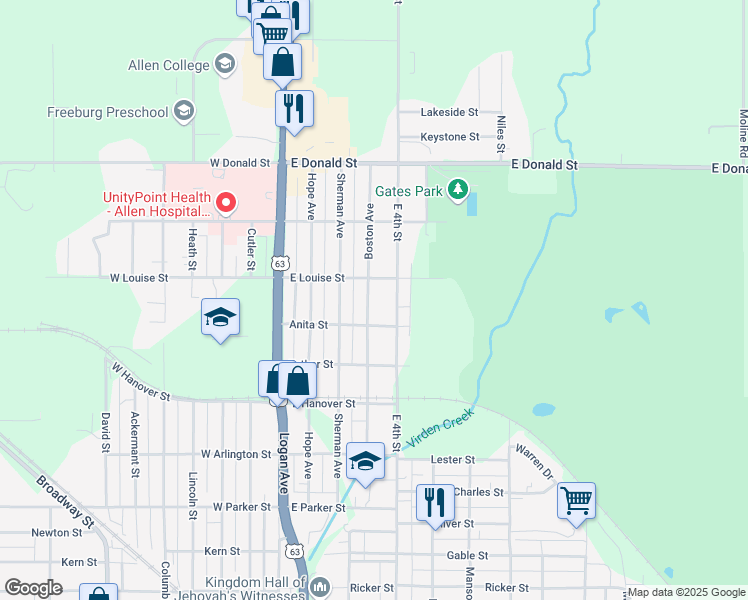 map of restaurants, bars, coffee shops, grocery stores, and more near 524 Boston Avenue in Waterloo