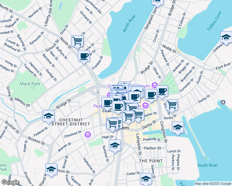 map of restaurants, bars, coffee shops, grocery stores, and more near 32 Federal Street in Salem