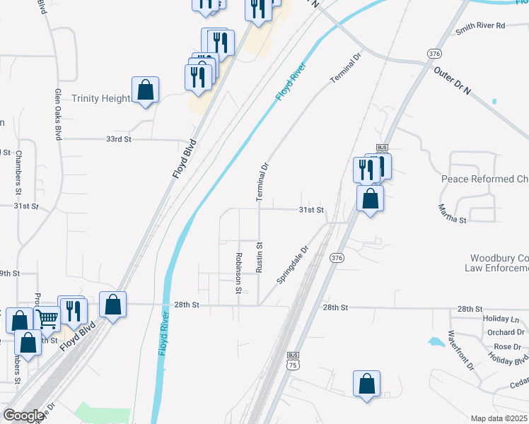 map of restaurants, bars, coffee shops, grocery stores, and more near 290 31st Street in Sioux City