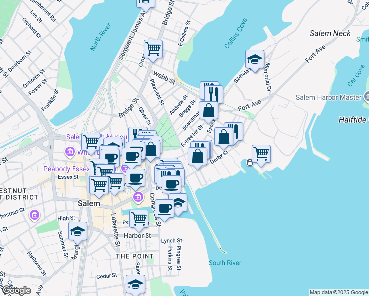 map of restaurants, bars, coffee shops, grocery stores, and more near 2 Forrester Street in Salem