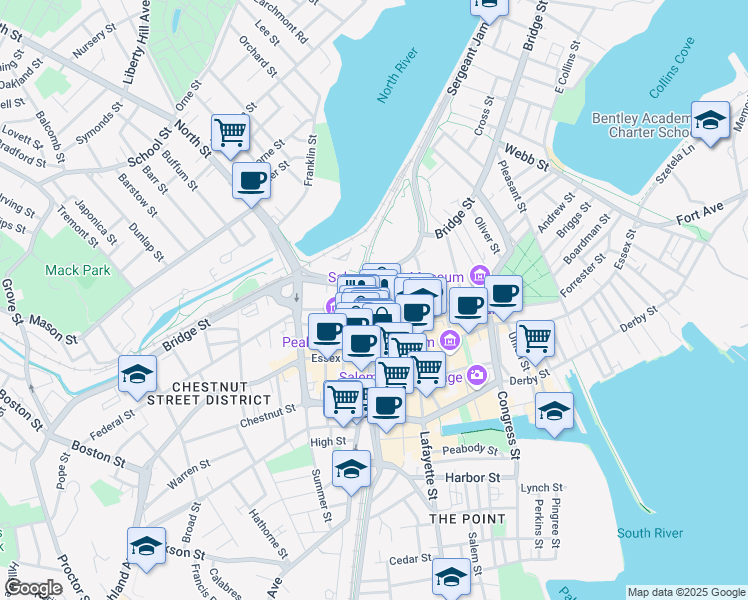 map of restaurants, bars, coffee shops, grocery stores, and more near 32 Federal Street in Salem
