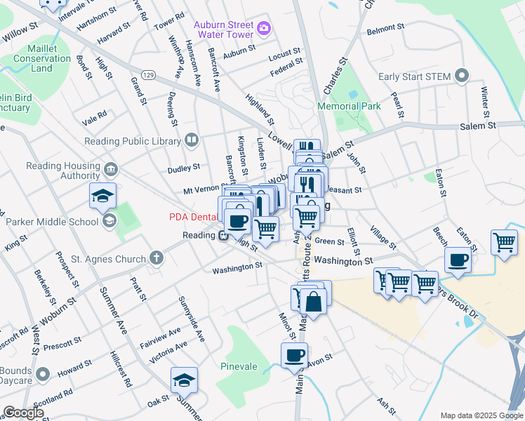 map of restaurants, bars, coffee shops, grocery stores, and more near 12 Linden Street in Reading