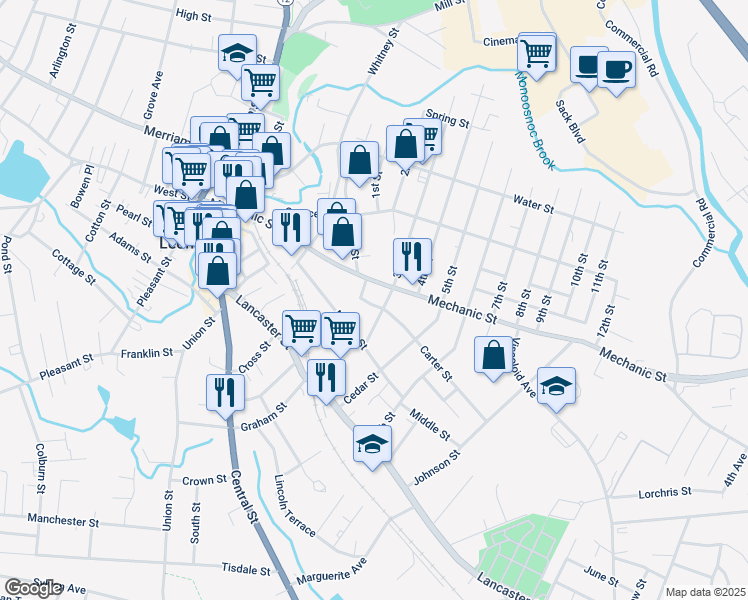 map of restaurants, bars, coffee shops, grocery stores, and more near 26 Jerome Place in Leominster