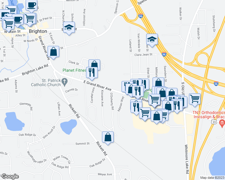map of restaurants, bars, coffee shops, grocery stores, and more near 9880 East Grand River Avenue in Brighton