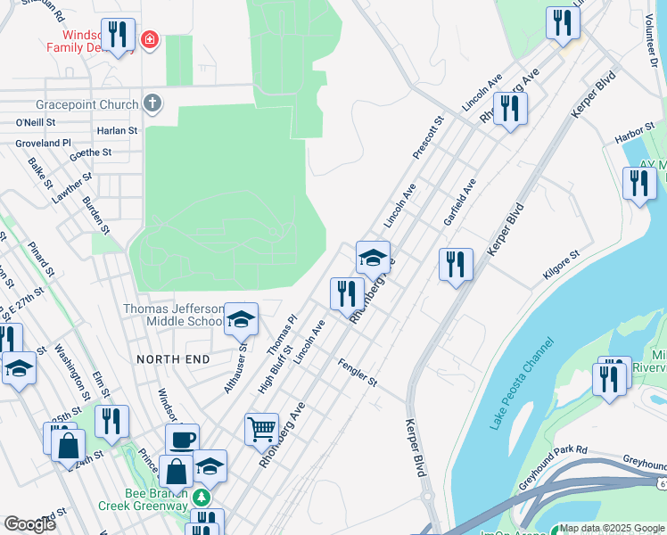 map of restaurants, bars, coffee shops, grocery stores, and more near 1301-1499 Thomas Place in Dubuque