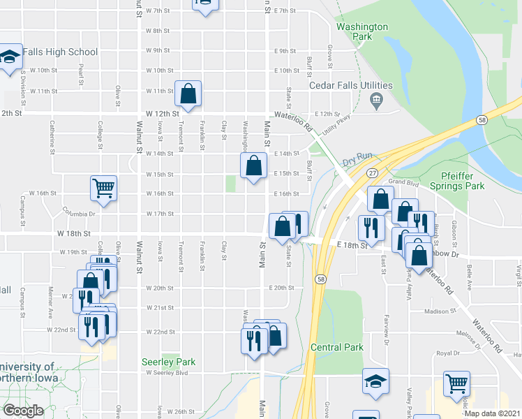 map of restaurants, bars, coffee shops, grocery stores, and more near 1616-1618 Washington Street in Cedar Falls