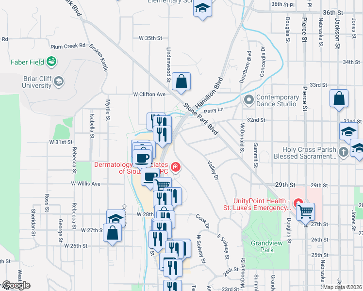 map of restaurants, bars, coffee shops, grocery stores, and more near 3100 Valley Drive in Sioux City
