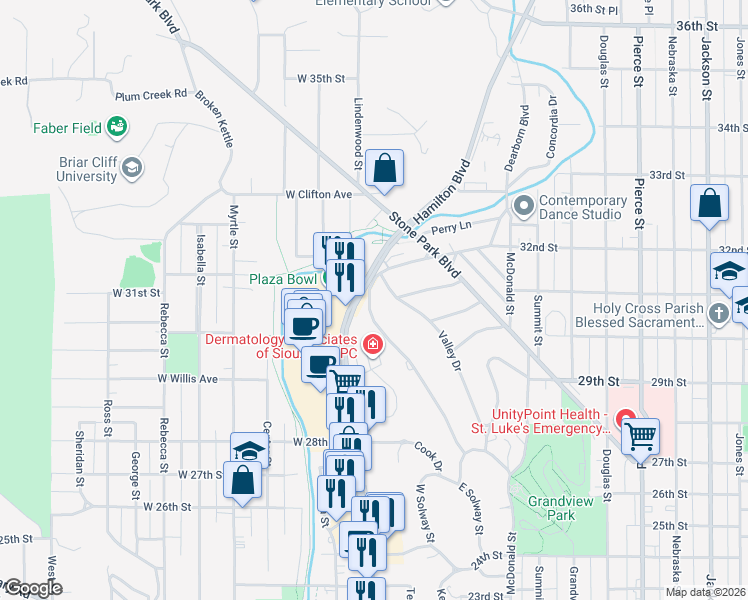map of restaurants, bars, coffee shops, grocery stores, and more near 100 Ridgeview Road in Sioux City