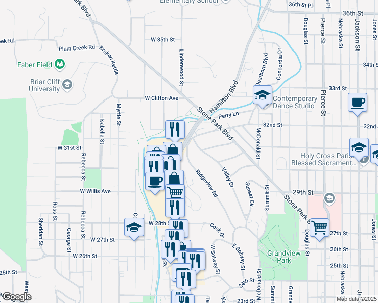 map of restaurants, bars, coffee shops, grocery stores, and more near 100 Ridgeview Road in Sioux City
