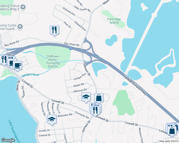 map of restaurants, bars, coffee shops, grocery stores, and more near 391 Vernon Street in Wakefield