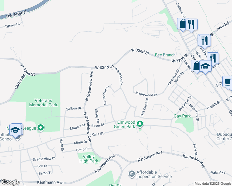 map of restaurants, bars, coffee shops, grocery stores, and more near 2870 Wildwood Drive in Dubuque