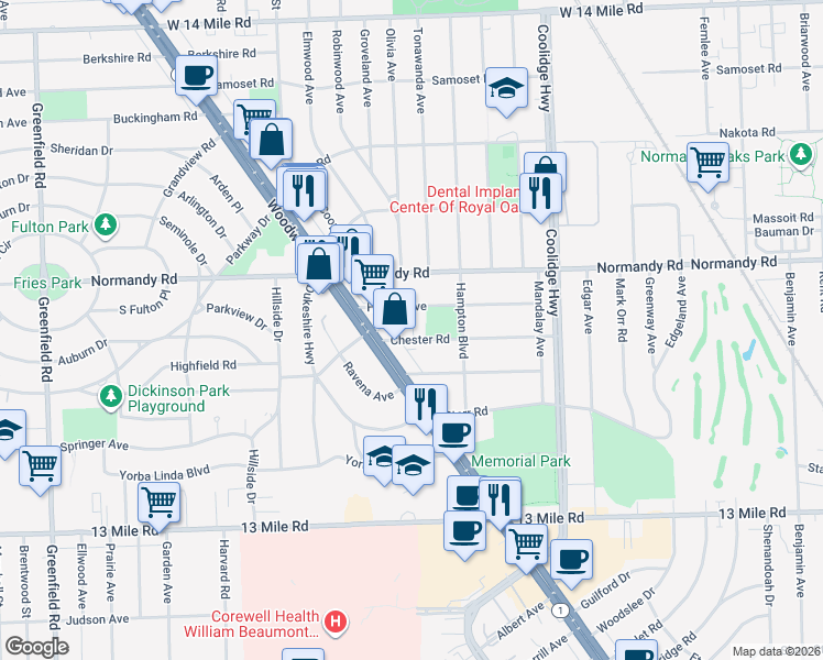map of restaurants, bars, coffee shops, grocery stores, and more near 3620 Chester Road in Royal Oak