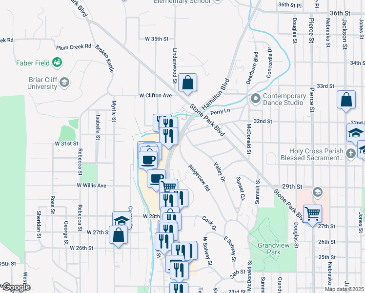 map of restaurants, bars, coffee shops, grocery stores, and more near 100 Ridgeview Road in Sioux City