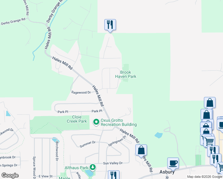 map of restaurants, bars, coffee shops, grocery stores, and more near 3316 Brook Hollow Drive in Asbury