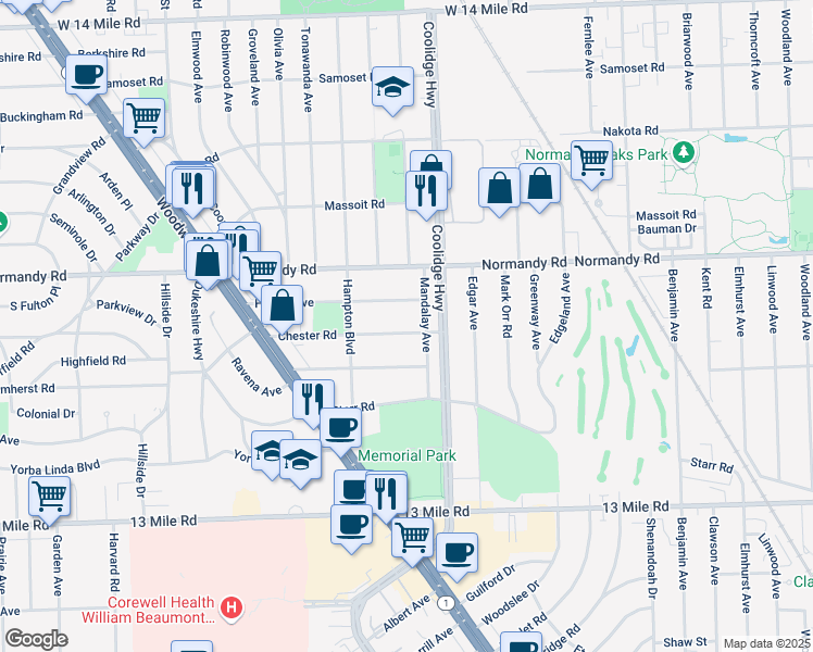 map of restaurants, bars, coffee shops, grocery stores, and more near 3320 Chester Road in Royal Oak