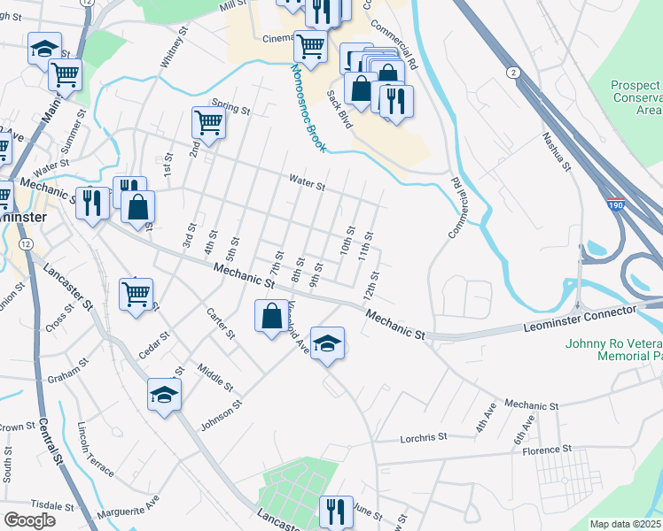 map of restaurants, bars, coffee shops, grocery stores, and more near 169 9th Street in Leominster