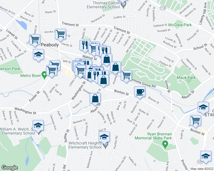 map of restaurants, bars, coffee shops, grocery stores, and more near 174 Main Street in Peabody