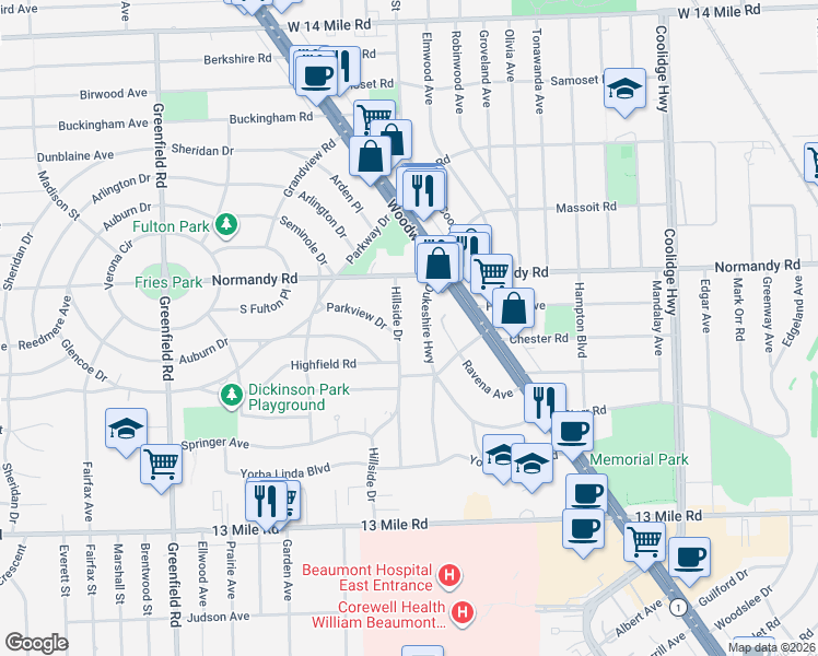 map of restaurants, bars, coffee shops, grocery stores, and more near 4002 Hillside Dr in Royal Oak