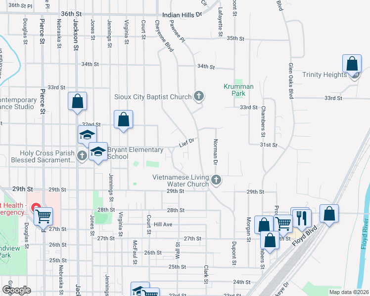map of restaurants, bars, coffee shops, grocery stores, and more near 3031 Viking Drive in Sioux City