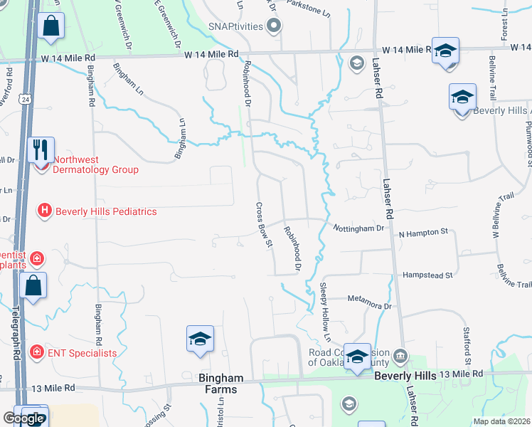map of restaurants, bars, coffee shops, grocery stores, and more near 32034 Cross Bow Street in Beverly Hills