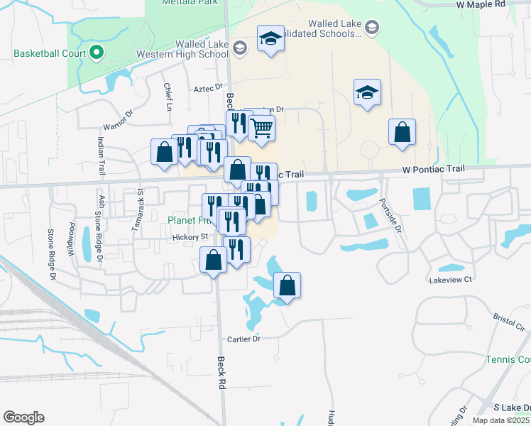 map of restaurants, bars, coffee shops, grocery stores, and more near 31186 Beck Road in Novi