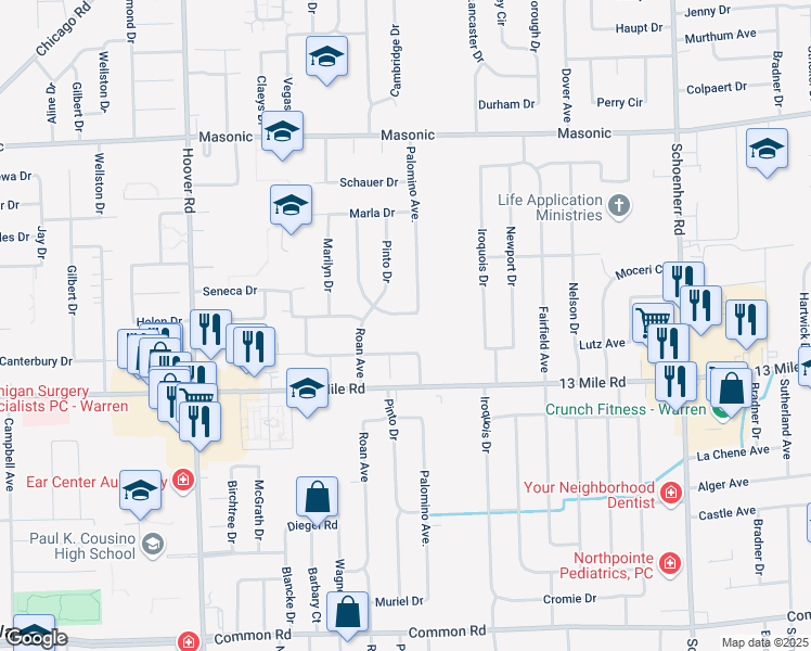 map of restaurants, bars, coffee shops, grocery stores, and more near 12354 Canterbury Drive in Warren