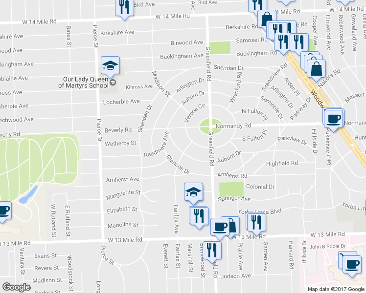 map of restaurants, bars, coffee shops, grocery stores, and more near 31702 Auburn Drive in Beverly Hills