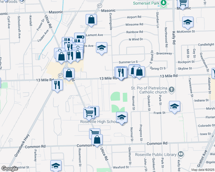 map of restaurants, bars, coffee shops, grocery stores, and more near 30572 Sandhurst Drive in Roseville