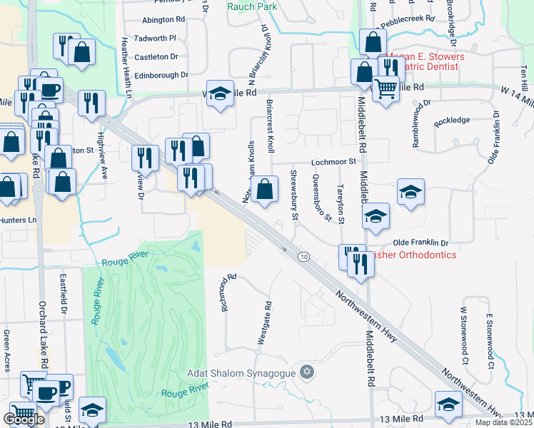 map of restaurants, bars, coffee shops, grocery stores, and more near 32000 Northwestern Highway in Farmington Hills