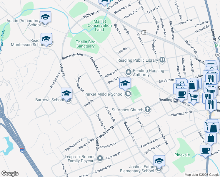 map of restaurants, bars, coffee shops, grocery stores, and more near 152 Summer Avenue in Reading