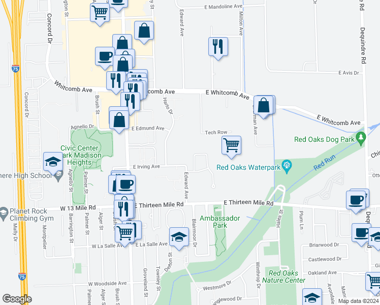map of restaurants, bars, coffee shops, grocery stores, and more near 31367 Maple Ridge Lane in Madison Heights