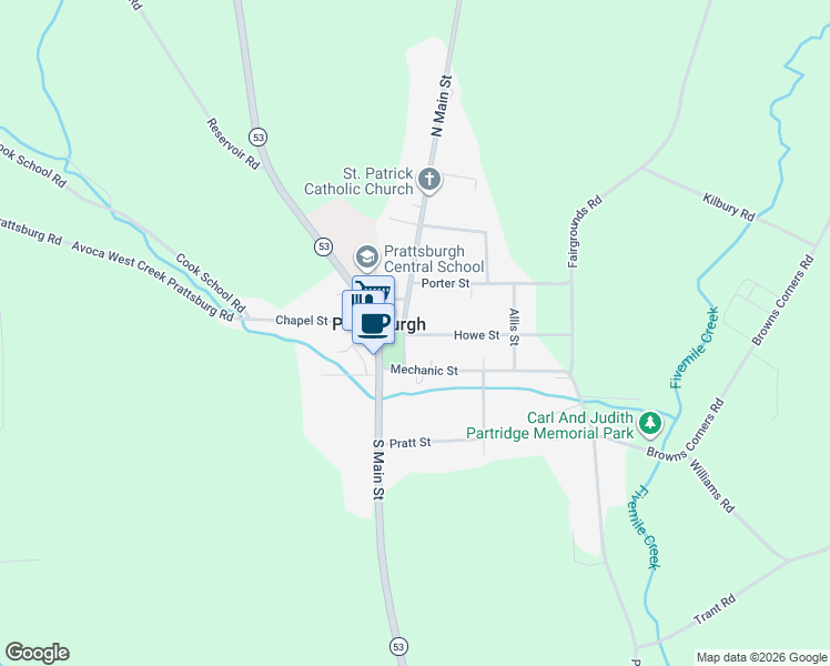 map of restaurants, bars, coffee shops, grocery stores, and more near 11 North Main Street in Prattsburgh