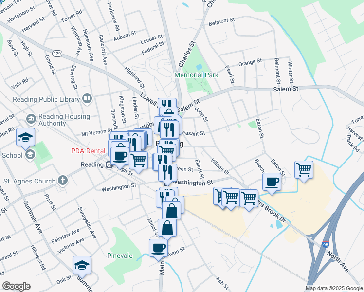 map of restaurants, bars, coffee shops, grocery stores, and more near 256 Haven Street in Reading
