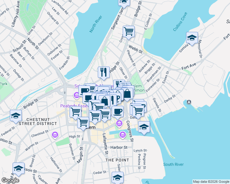 map of restaurants, bars, coffee shops, grocery stores, and more near 4 Howard Street in Salem